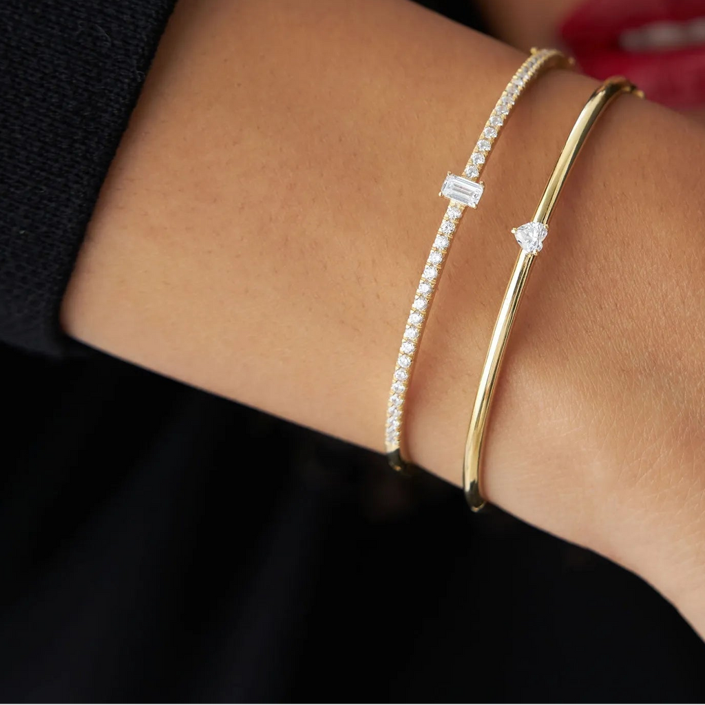 14K Solid Gold 1.05 CTW Emerald Cut and Round Diamond Bangle