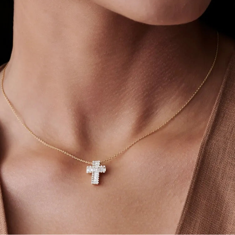 14K Solid Gold Baguette Round and Princess Cut Diamond Cross Pendant Necklace 0.65ctw