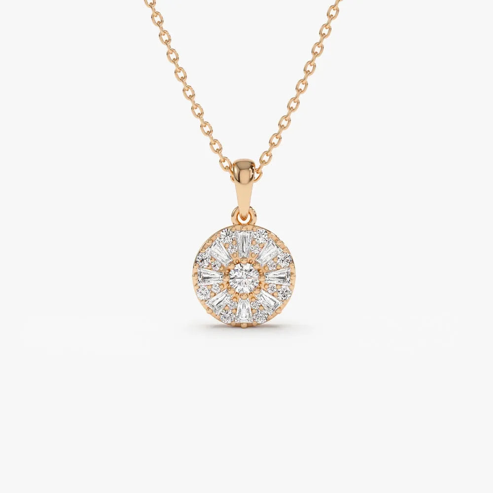 14K Solid Gold Baguette and Round Diamond Cluster Pendant Necklace 0.32ctw