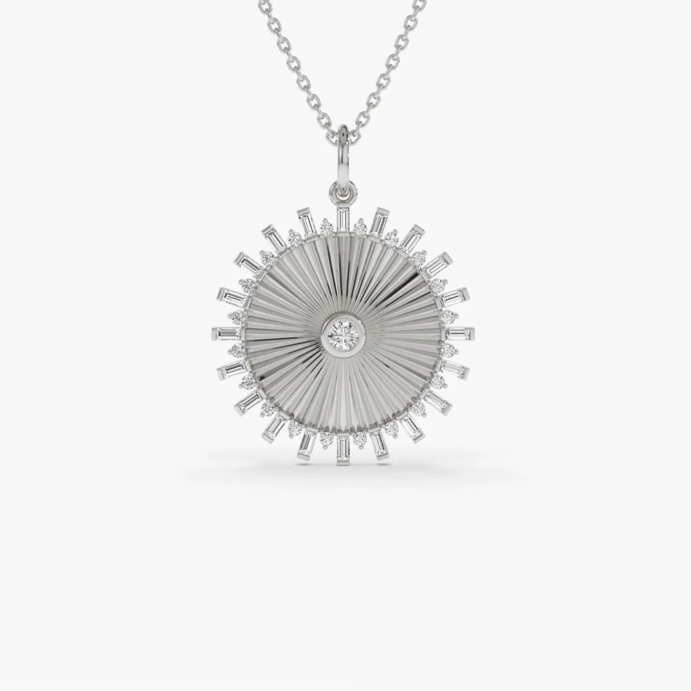 14K Solid Gold Baguette and Round Diamond Disc Ray Pendant Necklace 0.55ctw