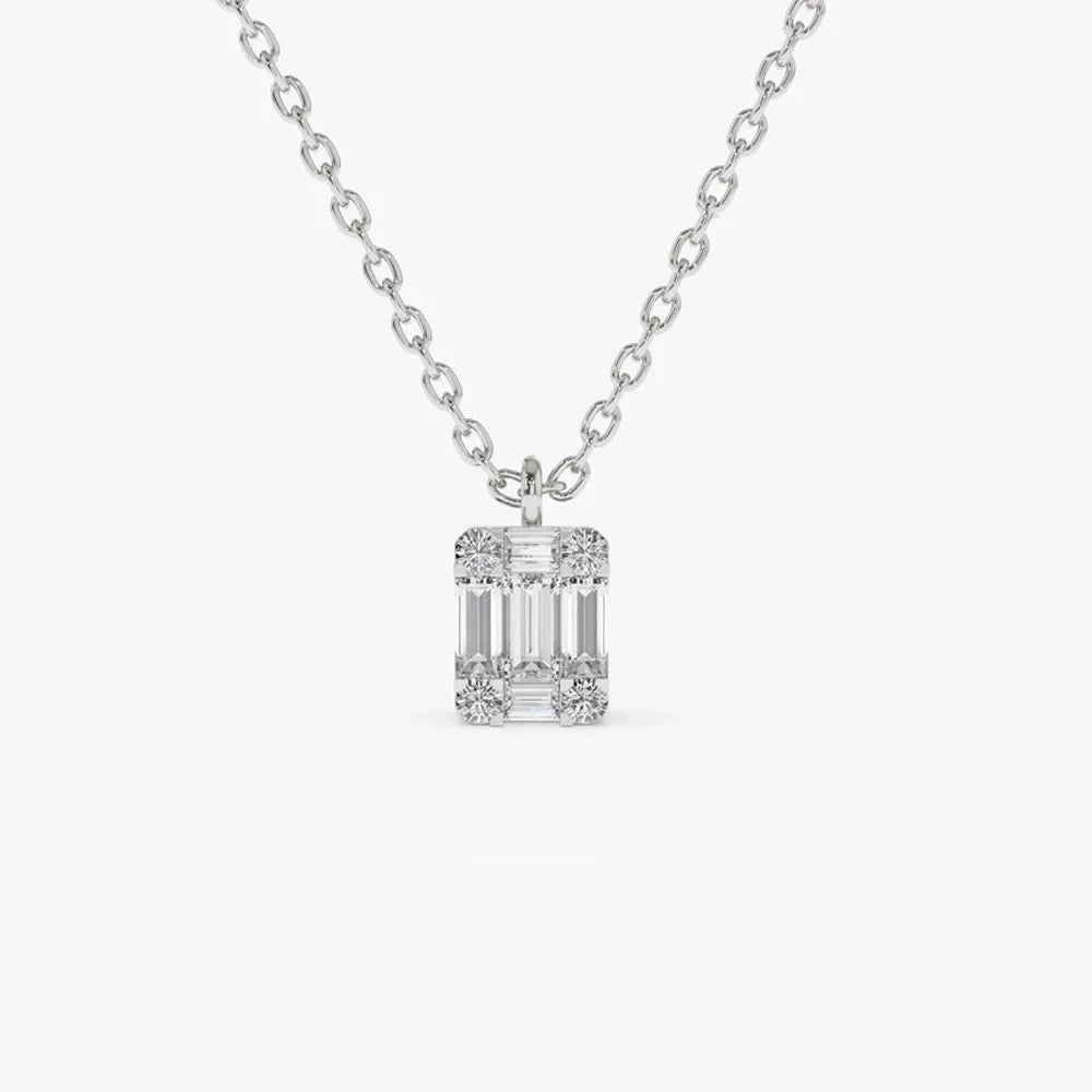 14K Solid Gold Baguette and Round Diamond Charm Pendant Necklace 0.15ctw