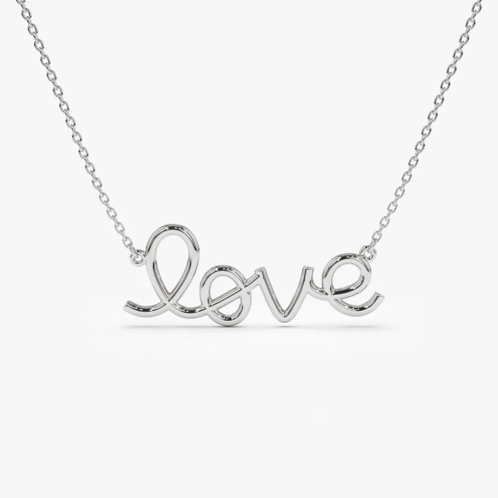 14k Solid Gold Wire Script Love Word Pendant Necklace