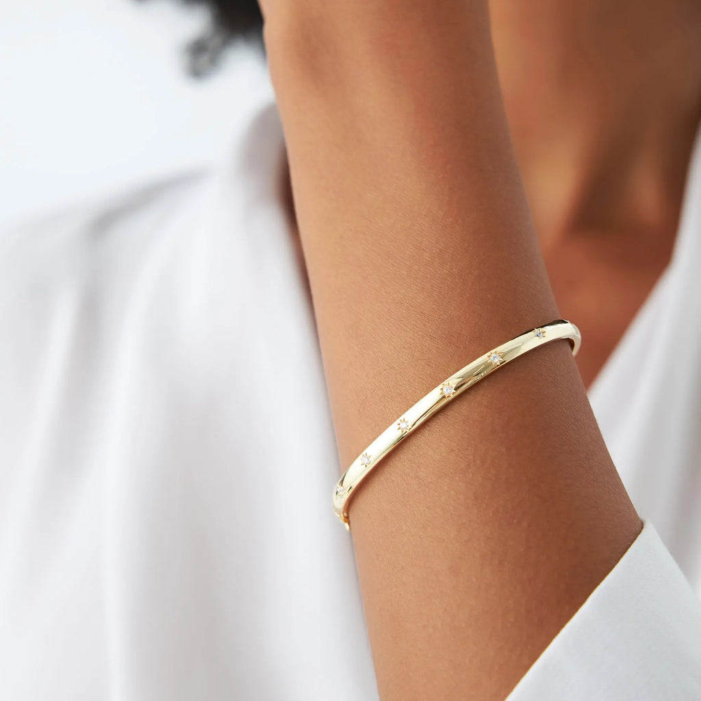 14K Solid Gold 0.24 CTW Round Diamond Dome Star Setting Bangle