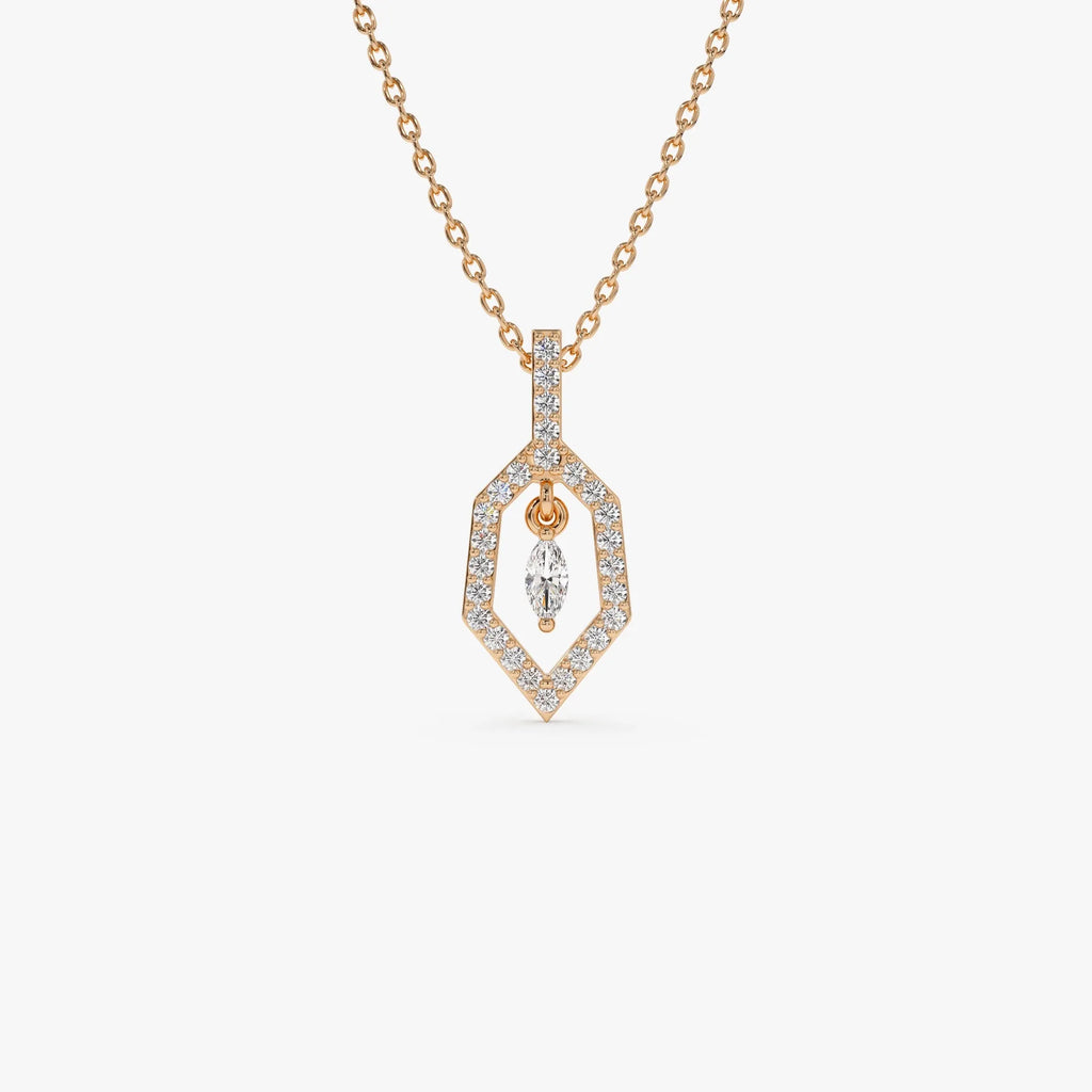 14K Solid Gold 0.20 CTW Round and Marquise Diamond Dangle Necklace