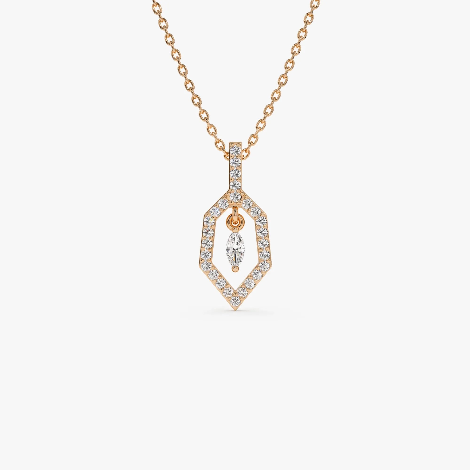 14K Solid Gold 0.20 CTW Round and Marquise Diamond Dangle Necklace