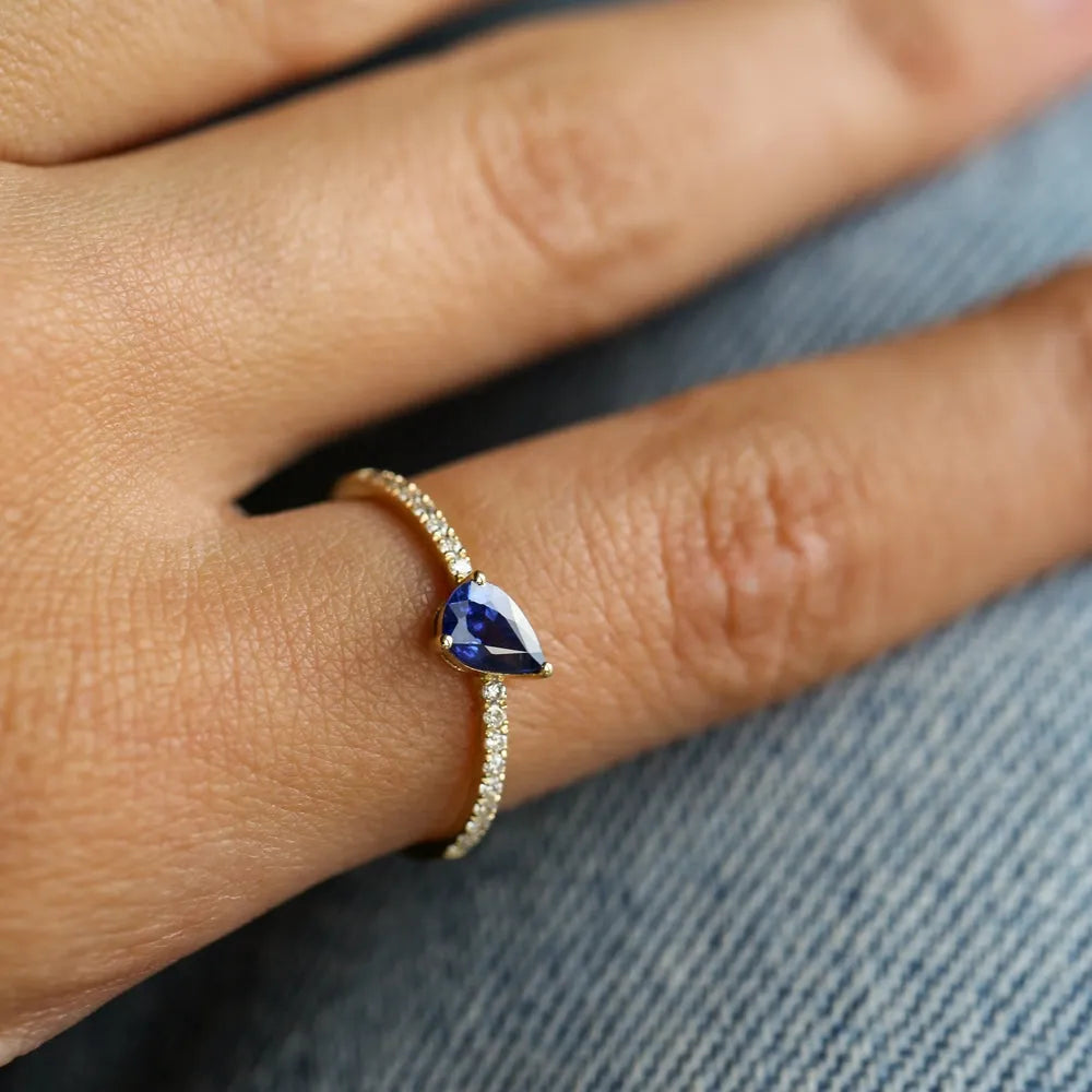 14k Gold Sapphire and Diamond Pear and Round Cut Slanted Pave Ring 0.67 ctw
