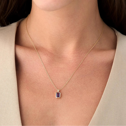14k Solid Gold Amethyst Emerald Cut Vertical Pendant 1.00 Carat Bezel Setting