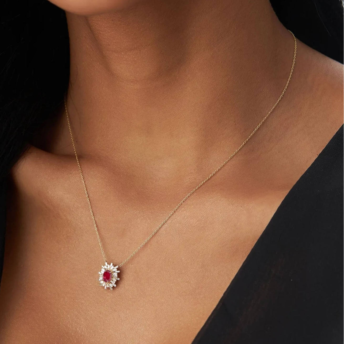 14k Solid Gold Ruby and Diamond Oval Baguette Ballerina Necklace 0.71 Carat Prong Setting