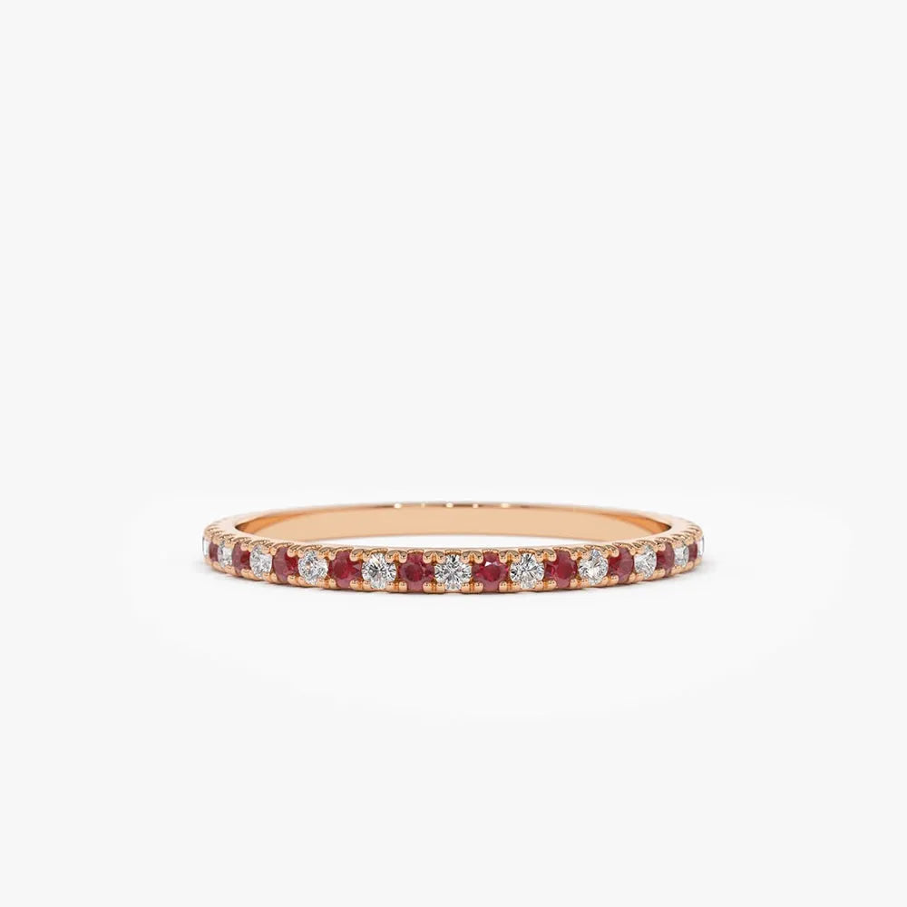 14k Gold Ruby and Diamond Round Cut Alternating Eternity Ring 0.38 ctw