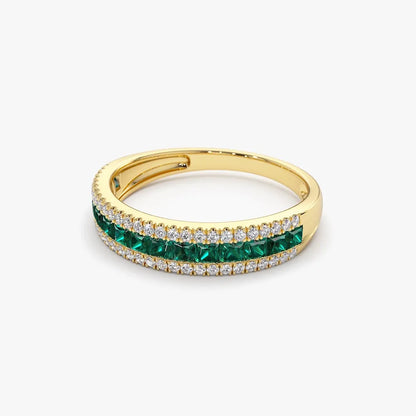 14K Gold Square Emerald and Round Diamond Half Eternity Band Ring 1.01 CTW