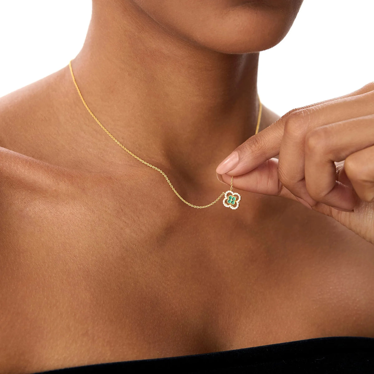 14k Solid Gold Round Emerald 0.10 CTW and Diamond 0.10 CTW Clover Halo Pendant Necklace