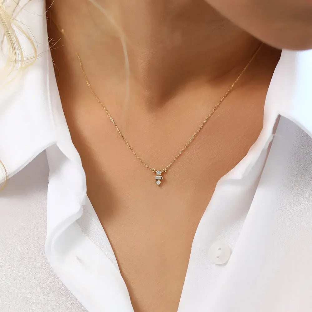 14K Solid Gold Baguette and Round Diamond Necklace Bezel and Channel Setting 0.13ctw