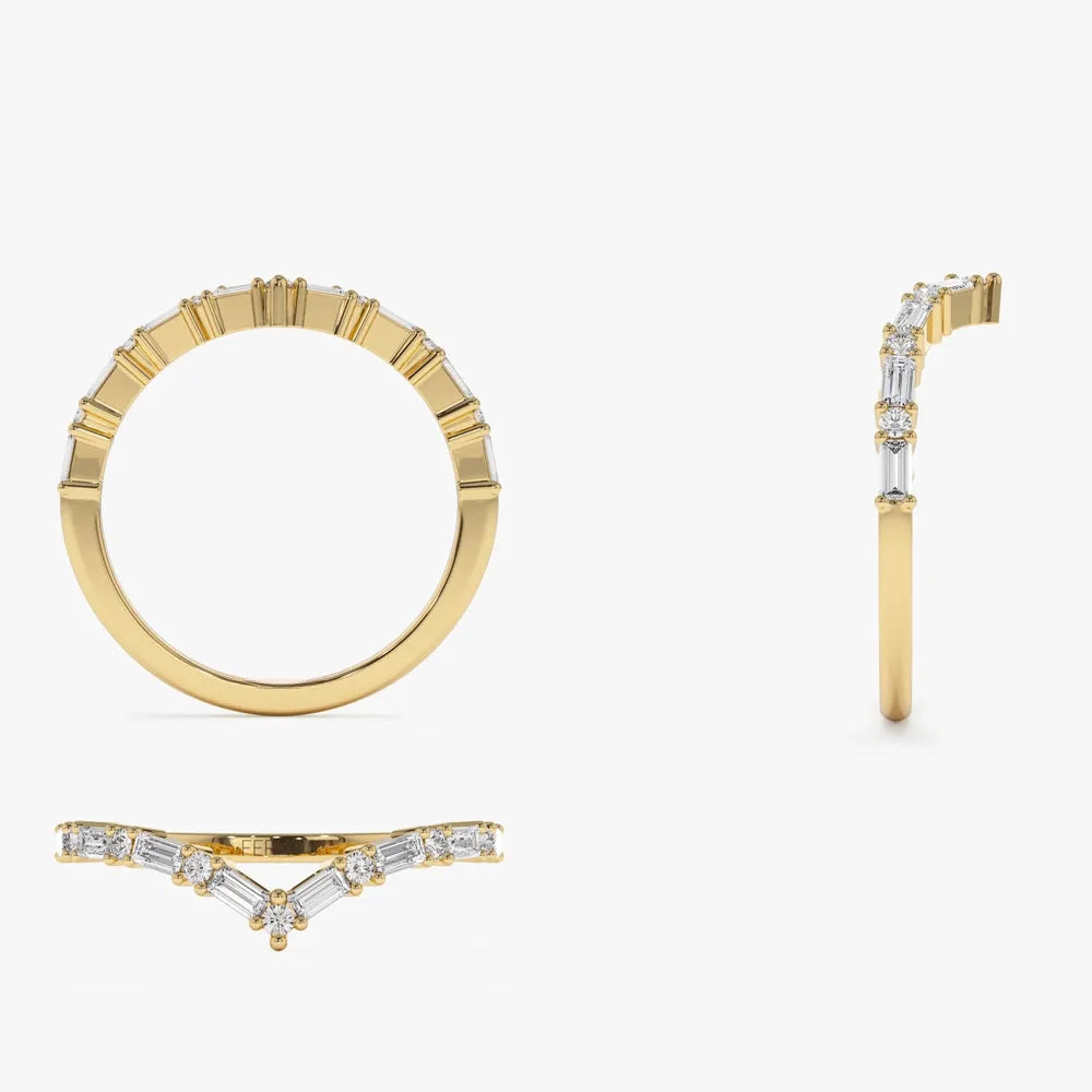 14k Gold Baguette and Round Diamond 0.36 ctw Chevron Ring