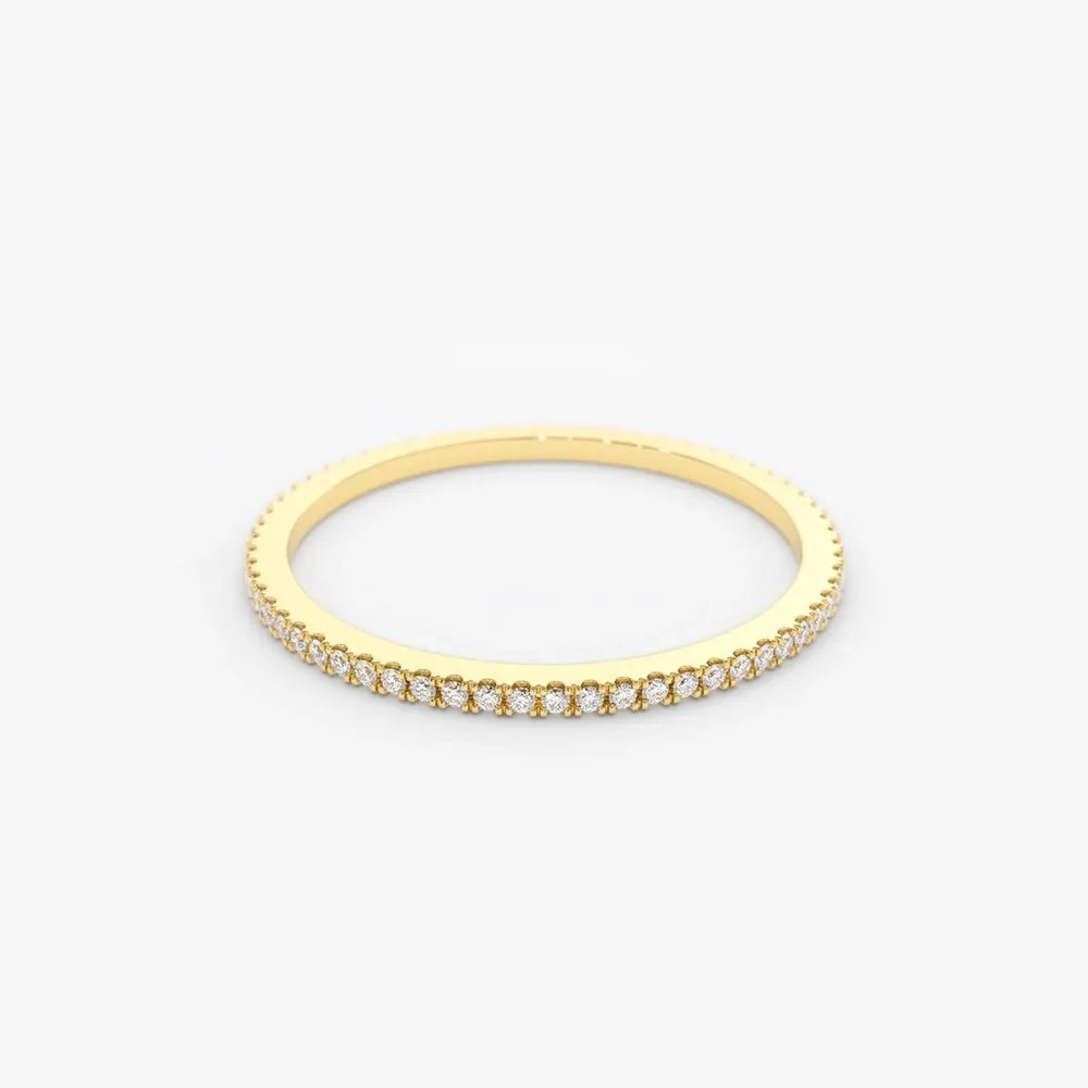 14K Gold Round Diamond 1mm Ultra Thin Micro Pave Eternity Wedding Band Stackable