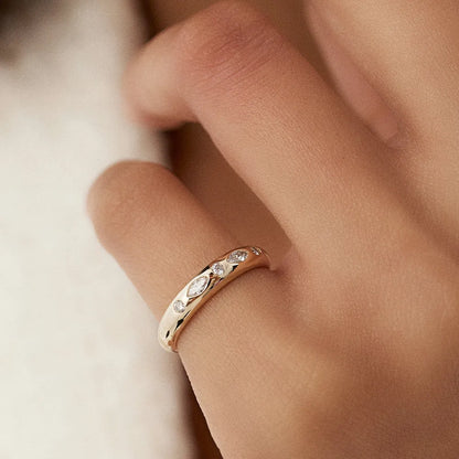 14k Gold Diamond Marquise and Round Dome Flush Setting Ring 0.22 ctw
