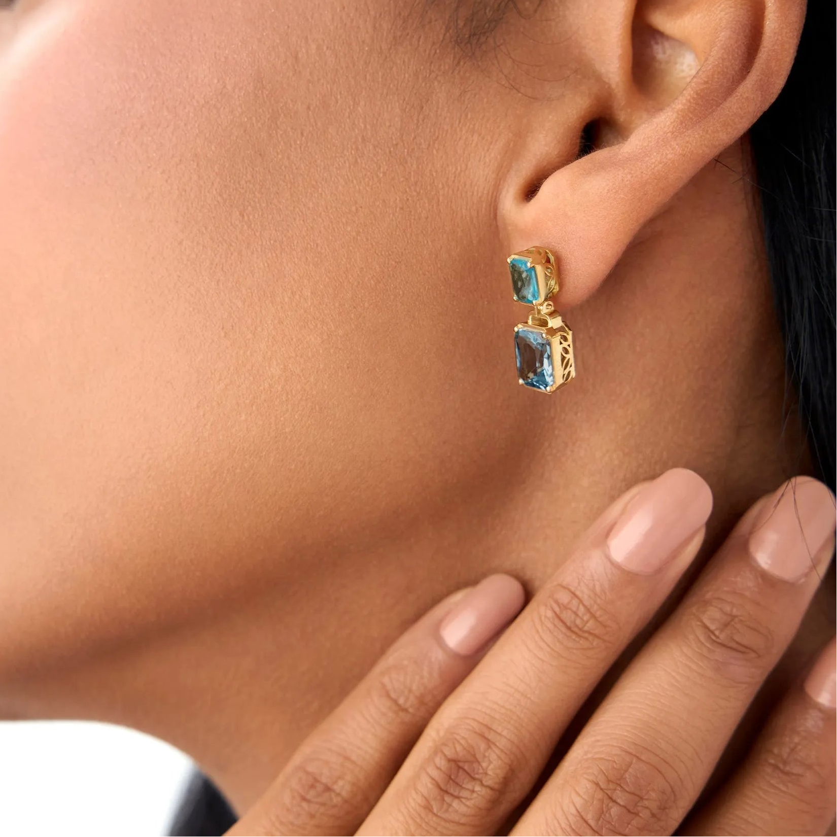 14K Solid Gold Octagon Cut London Blue Topaz Dangle Drop Earrings 3.9ctw