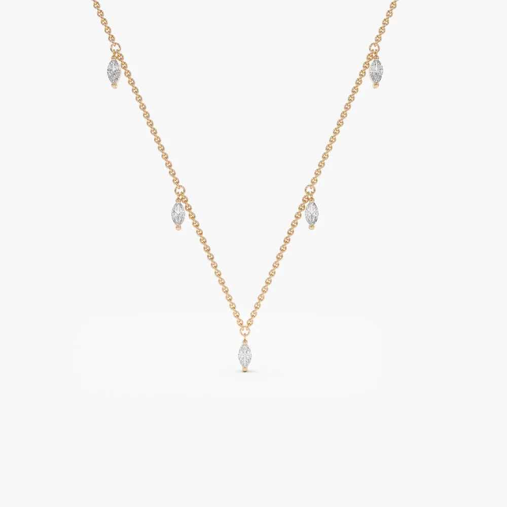 14K Solid Gold Marquise Diamond 5 Stone Dangling Necklace Prong Setting 0.36ctw