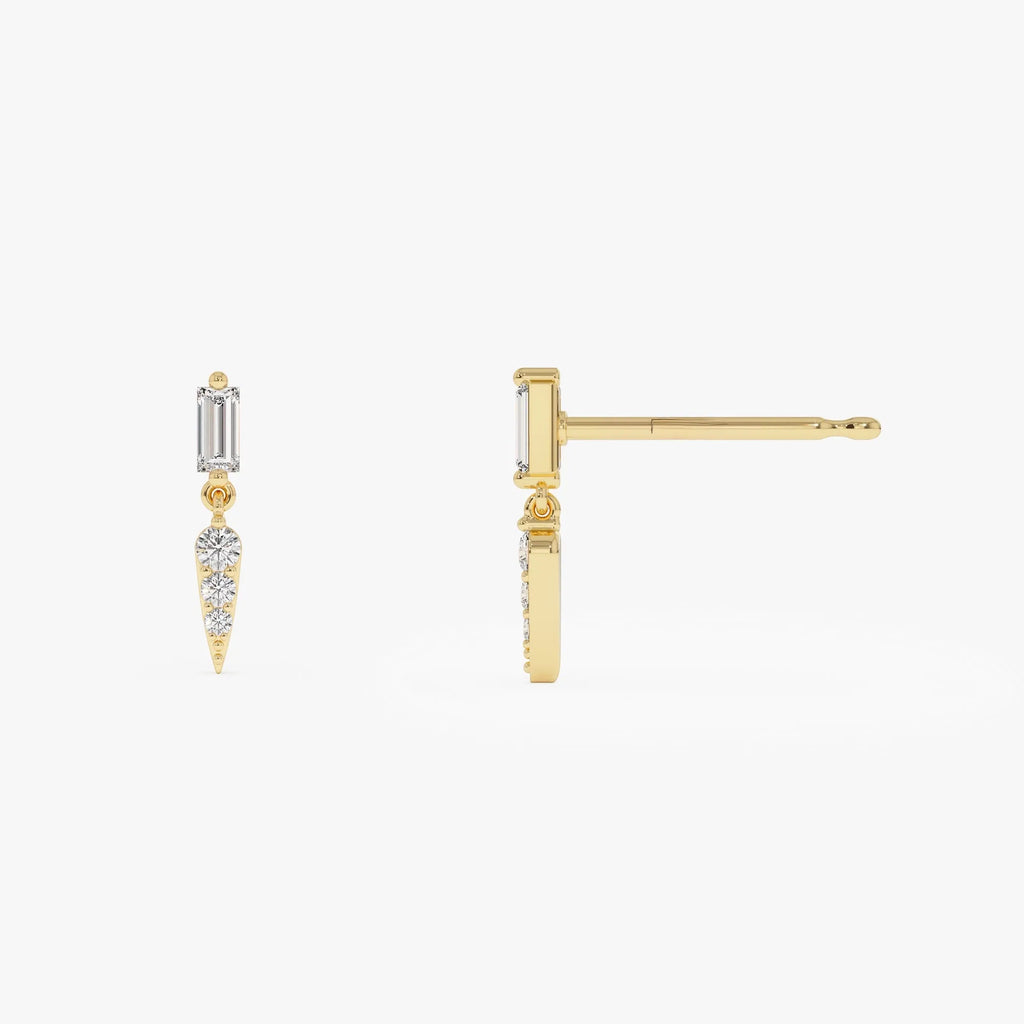 14k Gold Diamond Baguette and Round Cut Dangle Spike Earrings 0.20 ctw