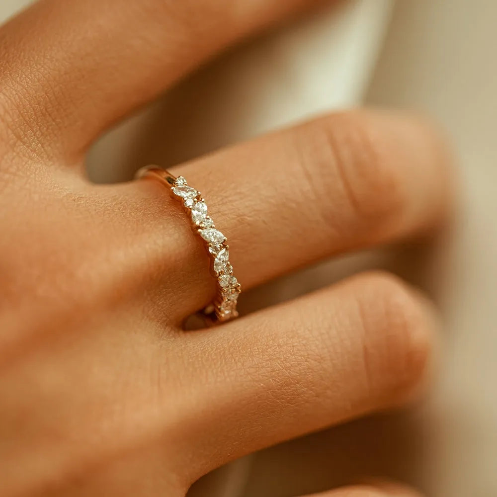 14k Solid Gold Marquise and Round Diamond Slanted Prong Set Ring 0.35 Carat