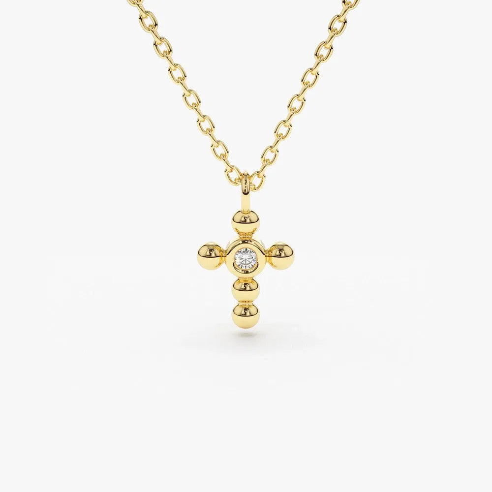 14K Solid Gold Round Diamond Tiny Ball Cross Pendant Necklace Bezel Set 0.03ctw