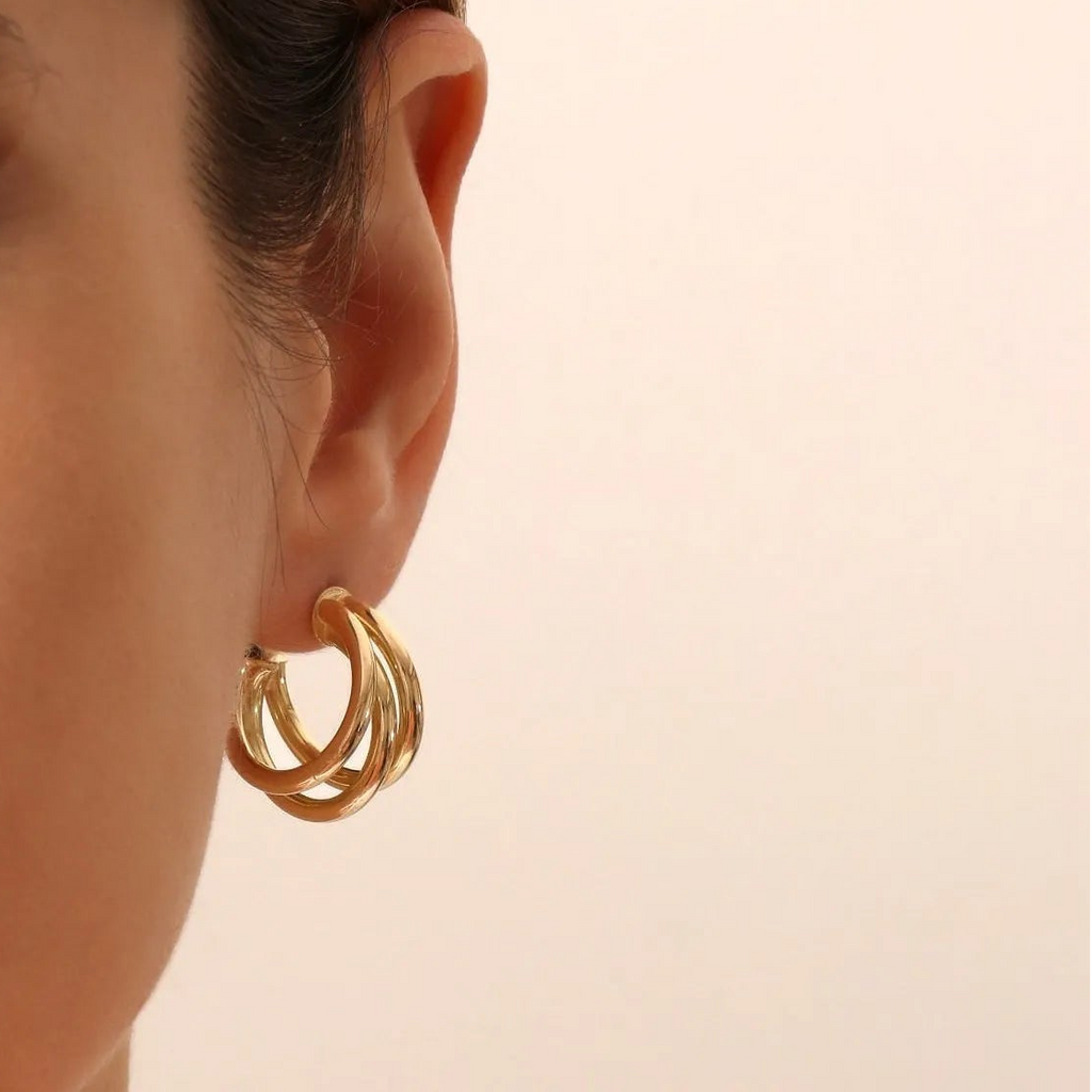 14k Gold Triple Row Tube Statement Hoop Earrings 20mm Length 15.5mm Width