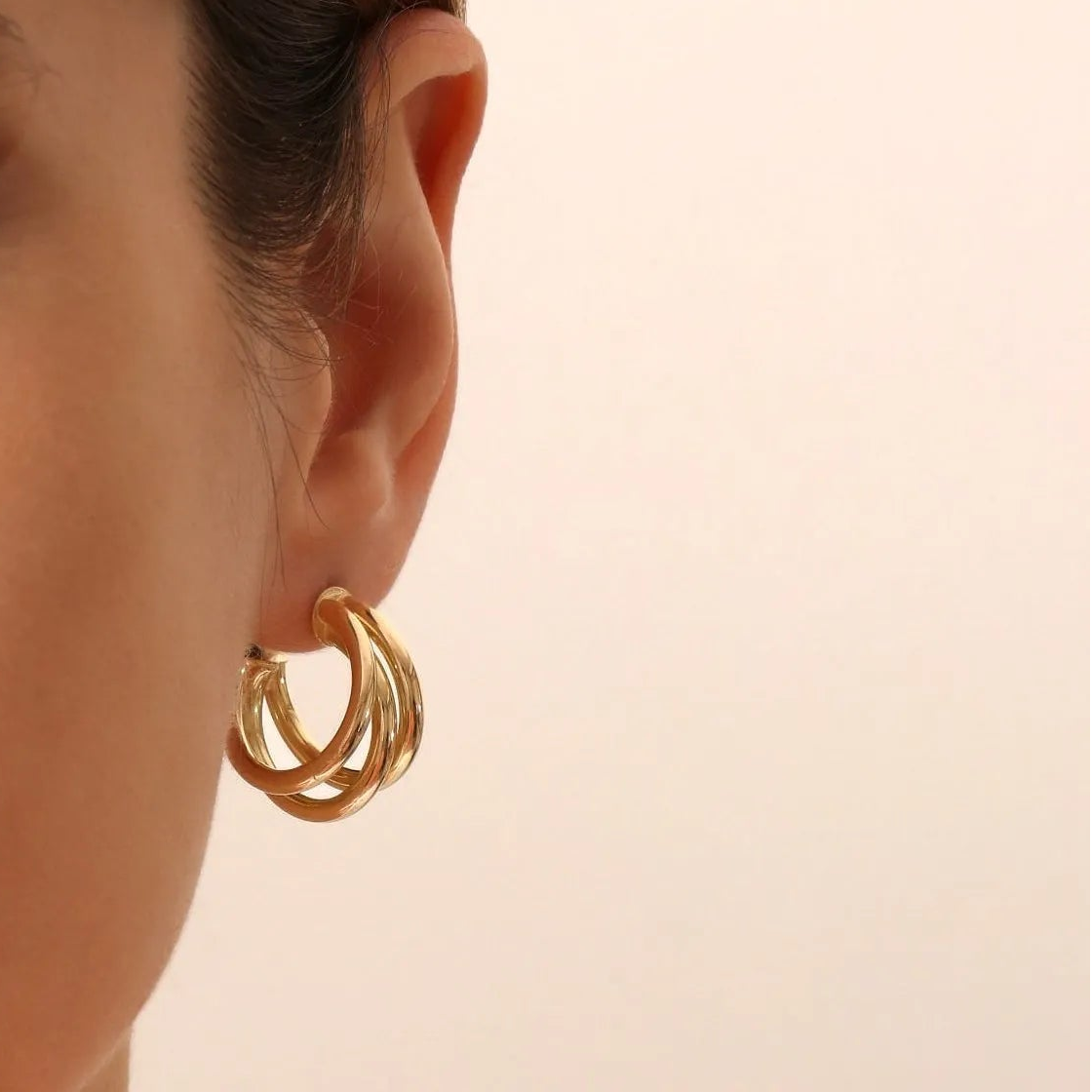 14k Gold Triple Row Tube Statement Hoop Earrings 20mm Length 15.5mm Width