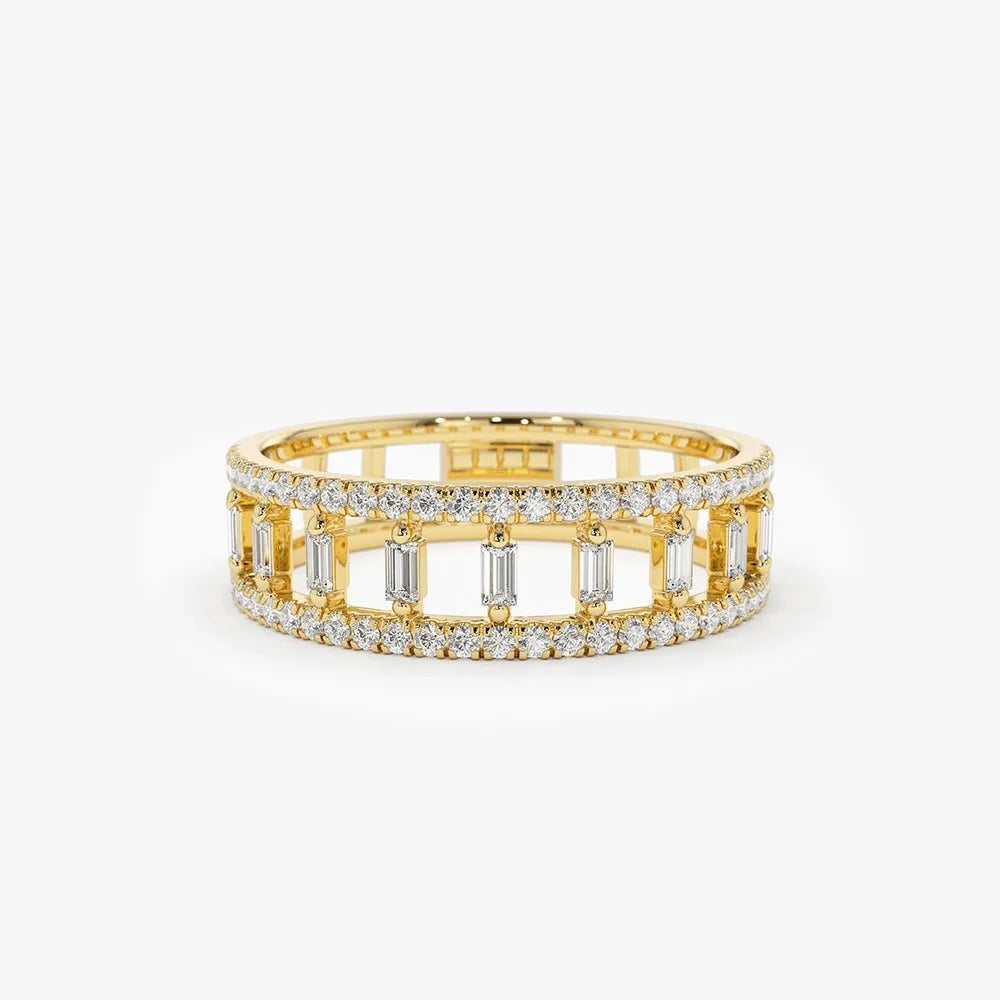 14K Solid Gold 0.40 Carat Baguette and Round Cut Diamond Double Row Micro Pave Ring