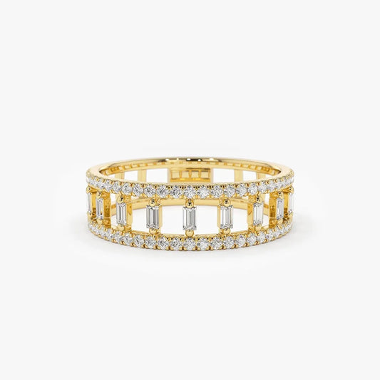 14K Solid Gold 0.40 Carat Baguette and Round Cut Diamond Double Row Micro Pave Ring