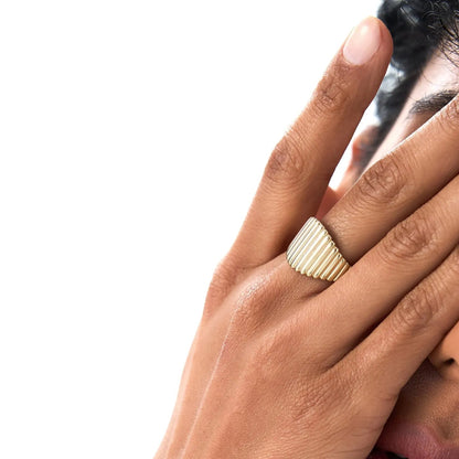 14k Gold Tapered Ribbed Statement Ring 14mm Wide Graduated Band