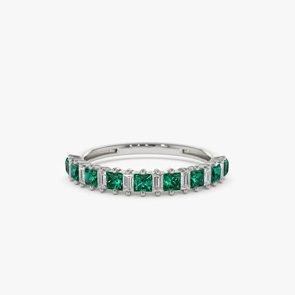 14K Solid Gold Princess Cut Emerald and Baguette Diamond Ring 0.73 CTW Handcrafted Jewelry