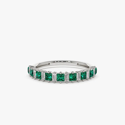14K Solid Gold Princess Cut Emerald and Baguette Diamond Ring 0.73 CTW Handcrafted Jewelry