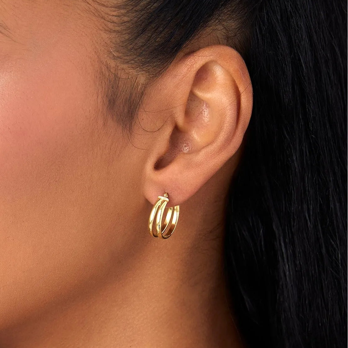 14k Yellow Gold Dual Row Hoop Earrings 16mm Outer Diameter 5.5mm Width