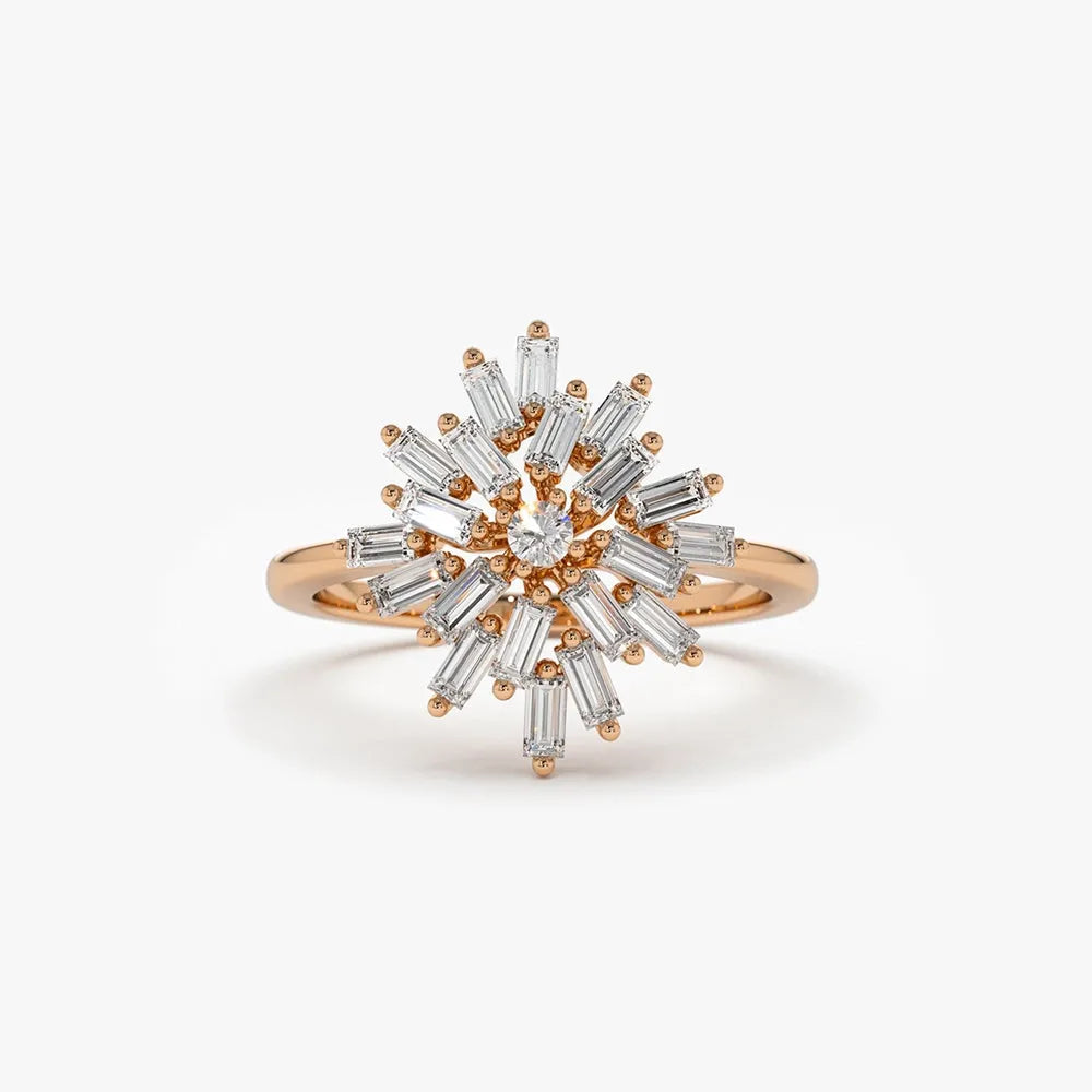 14K Gold 0.58 CTW Baguette and Round Diamond Ballerina Cluster Ring