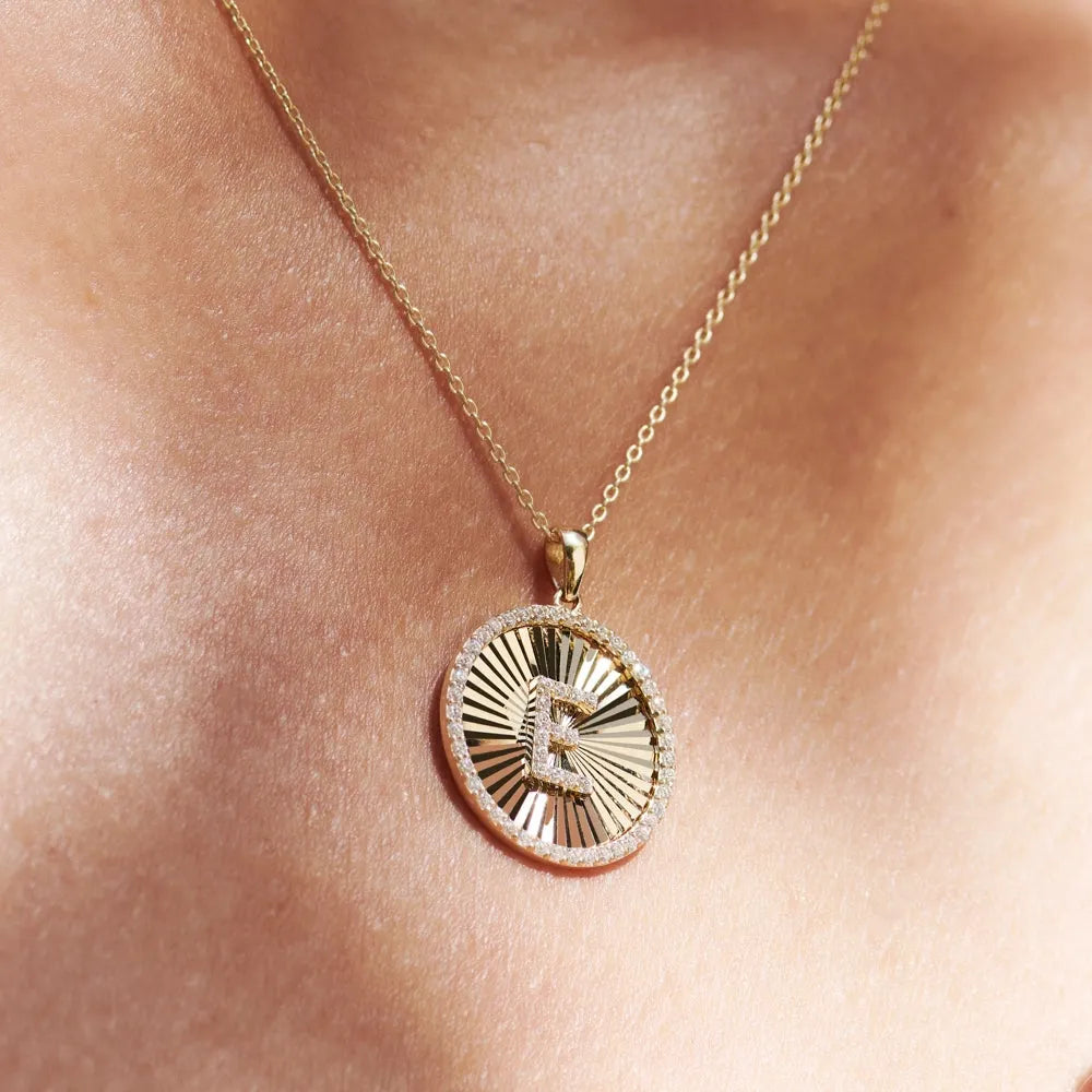 14K Solid Gold Round Diamond Initial Ballerina Disc Pendant Necklace 0.34ctw
