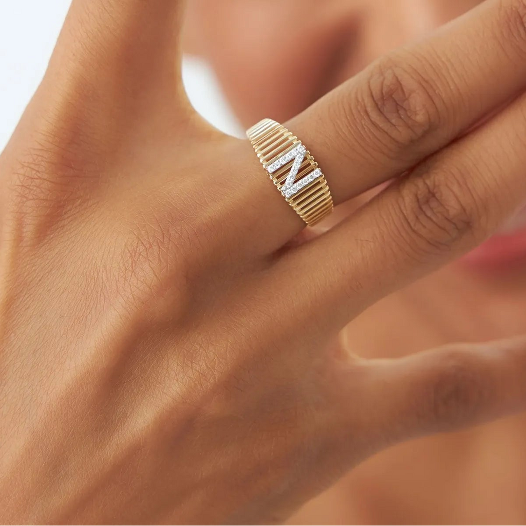 14K Solid Gold Round Diamond Ribbed Cage Initial Ring Personalized Custom Jewelry