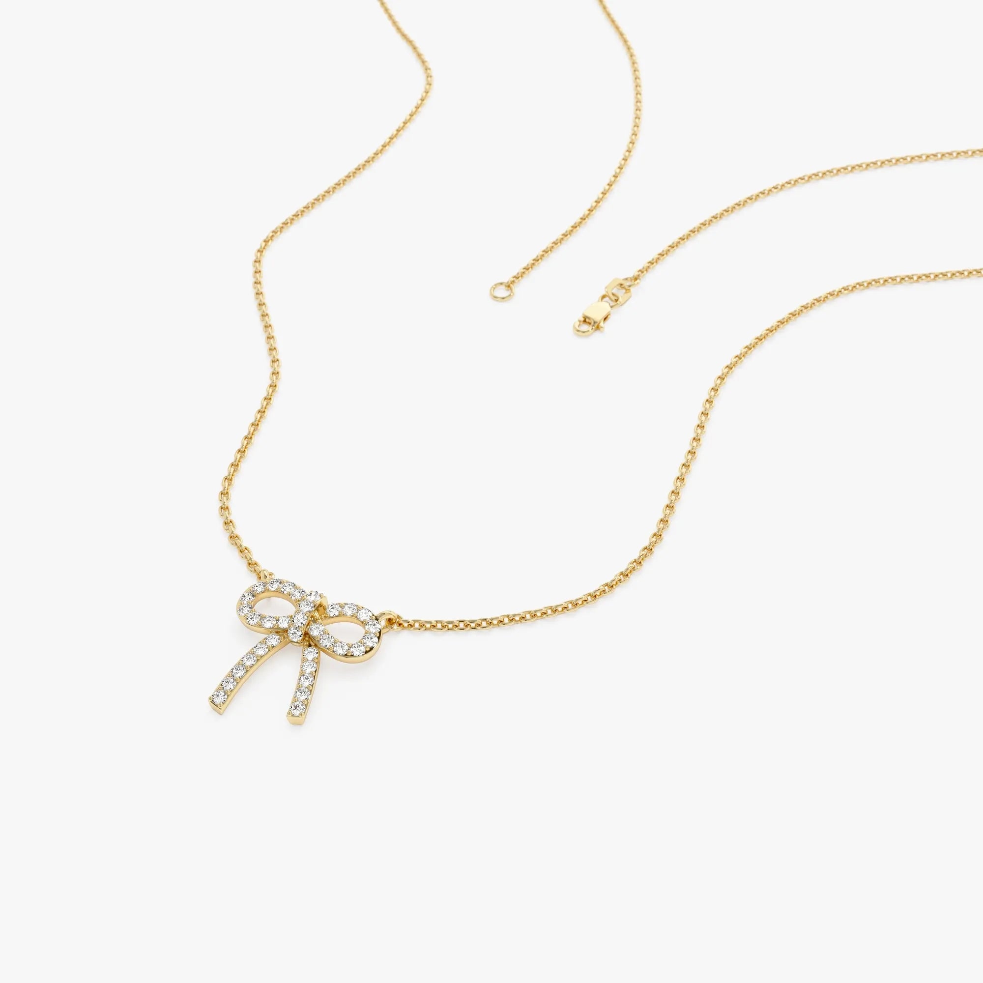 14K Solid Gold 0.17 CTW Round Diamond Bow Necklace Prong Setting