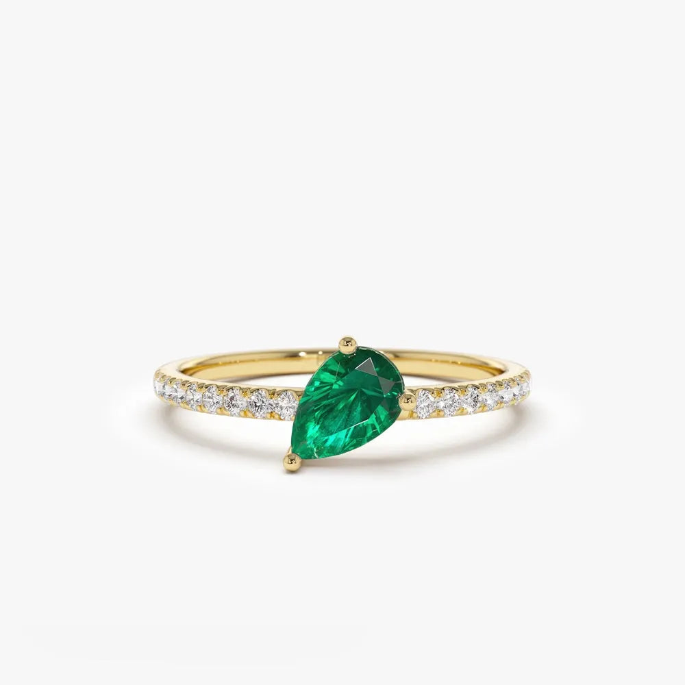 14K Solid Gold Slanted Pear Emerald and Round Diamond Pave Ring 0.50 CTW Handcrafted Jewelry