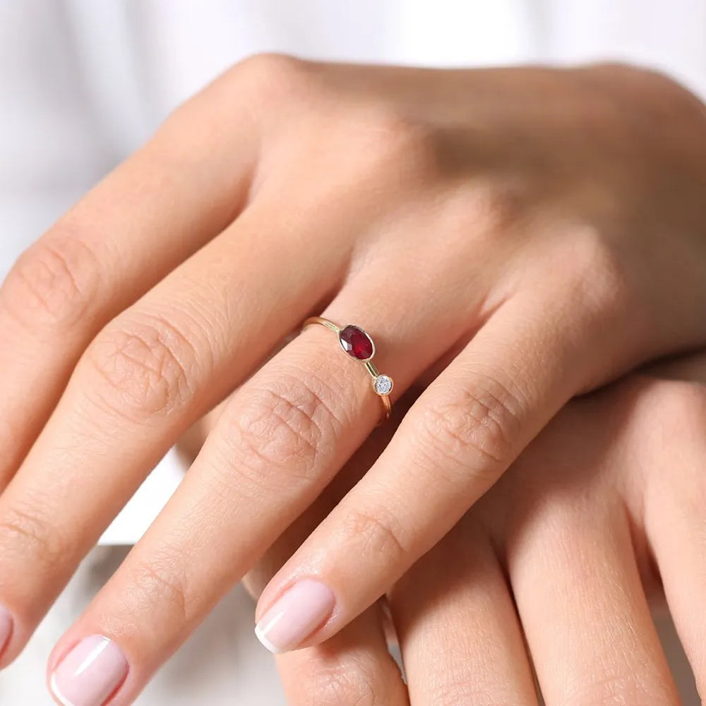 14k Gold Ruby and Diamond Oval and Round Cut Bezel Setting Ring 0.49 ctw
