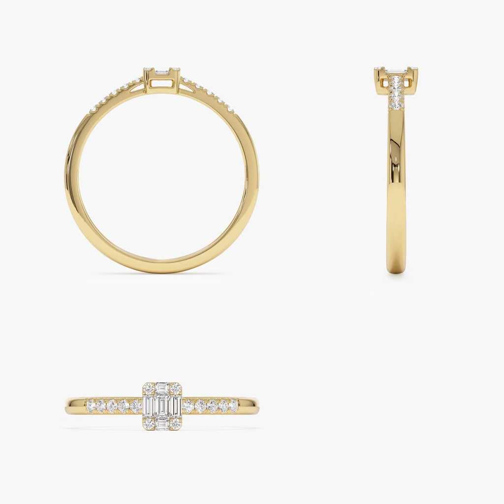 14k Gold 0.15 ctw Baguette and Round Diamond Cluster Stacking Pavé Band