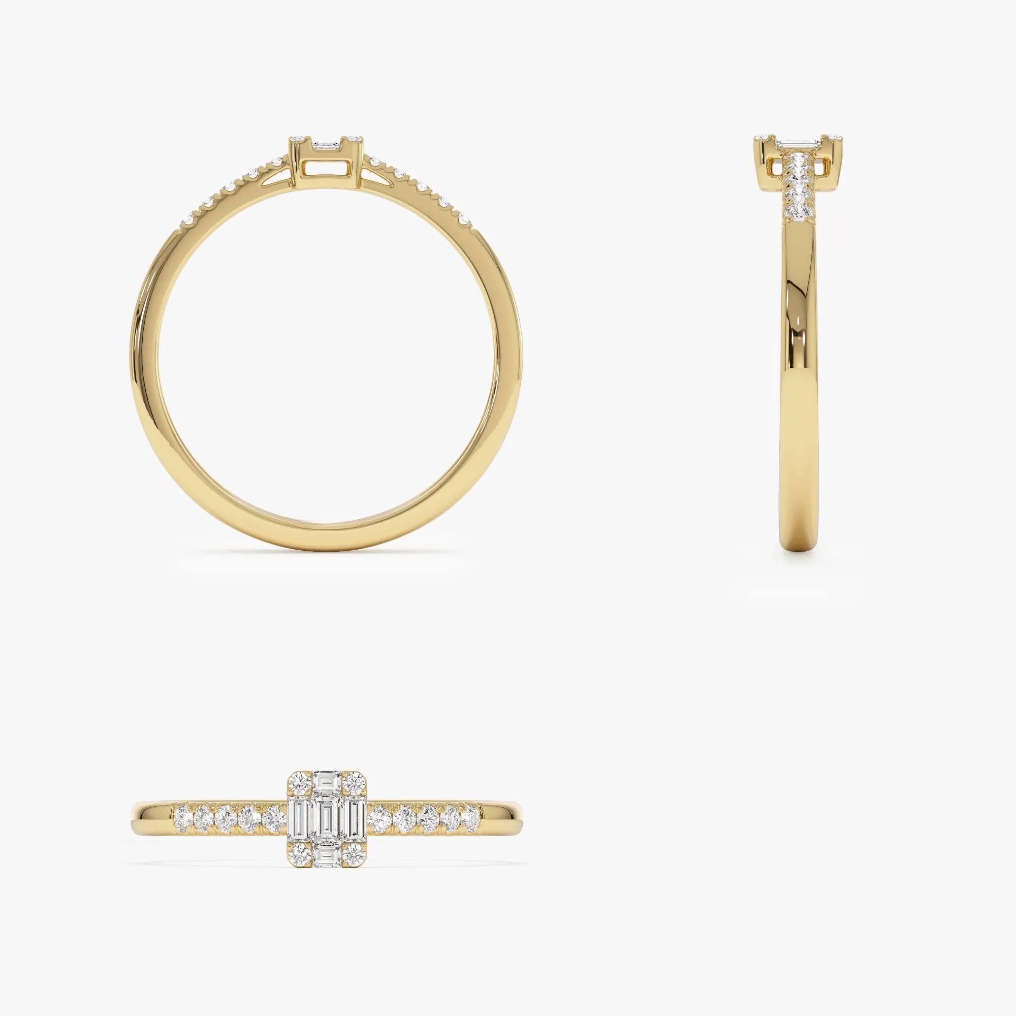 14k Gold 0.15 ctw Baguette and Round Diamond Cluster Stacking Pavé Band