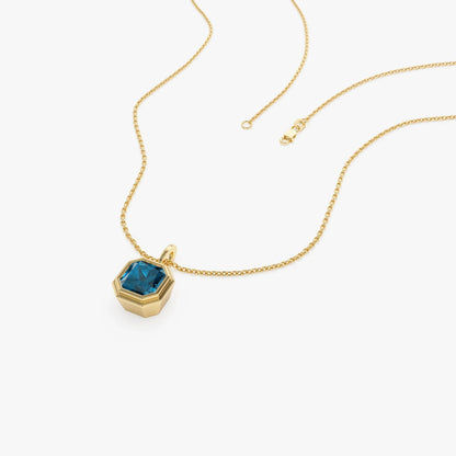 14k Solid Gold London Blue Topaz Asscher Cut Necklace 1.20 Carat Bezel Setting