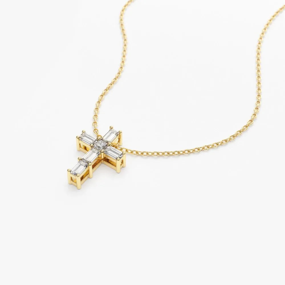 14K Solid Gold Baguette and Princess Cut Diamond Cross Pendant Necklace 0.15ctw