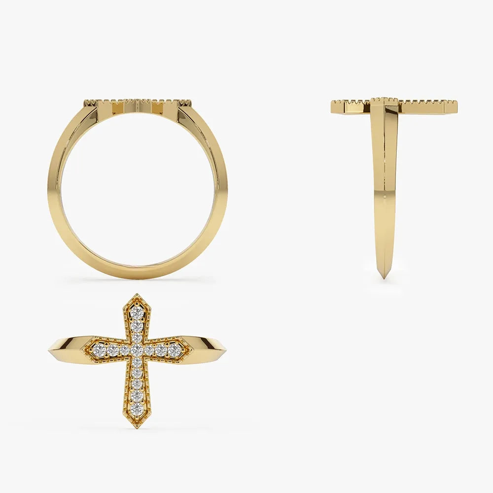 14k Solid Gold Round Cut Diamond 0.18 ctw Cross Ring