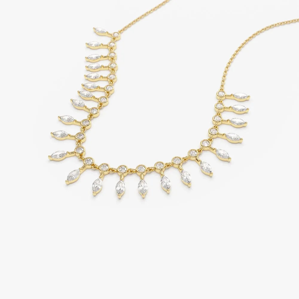14K Solid Gold Baguette and Round Diamond Statement Necklace Prong and Bezel Set 1.96ctw
