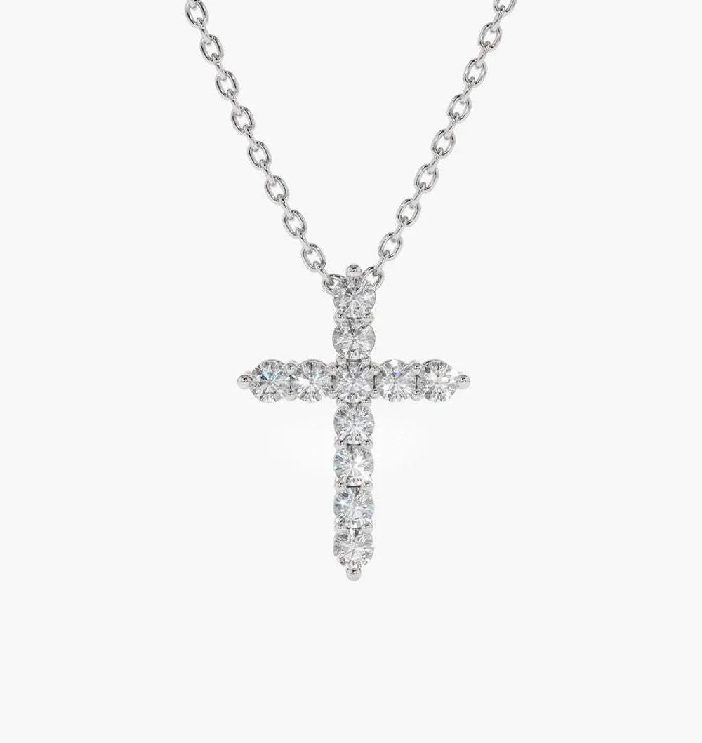 14K Solid Gold Round Diamond Cross Pendant Necklace Prong Setting 0.35ctw