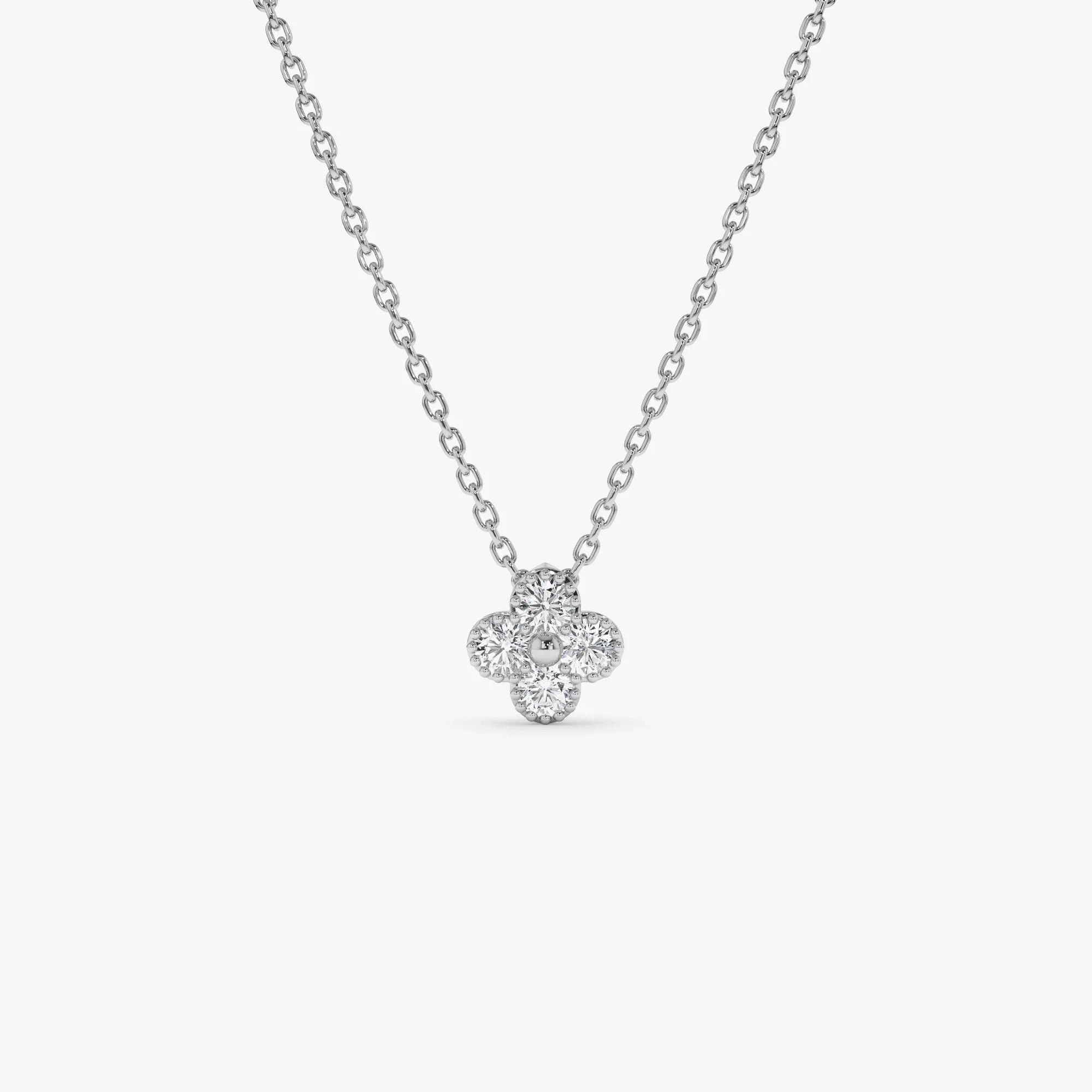 14K Solid Gold 0.15 CTW Round Diamond Clover Beaded Necklace Prong Setting