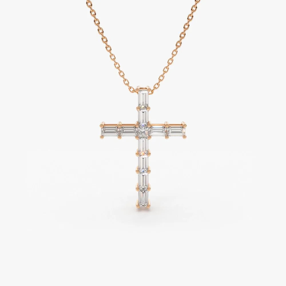 14K Solid Gold Baguette and Princess Cut Diamond Cross Pendant Necklace 0.38ctw
