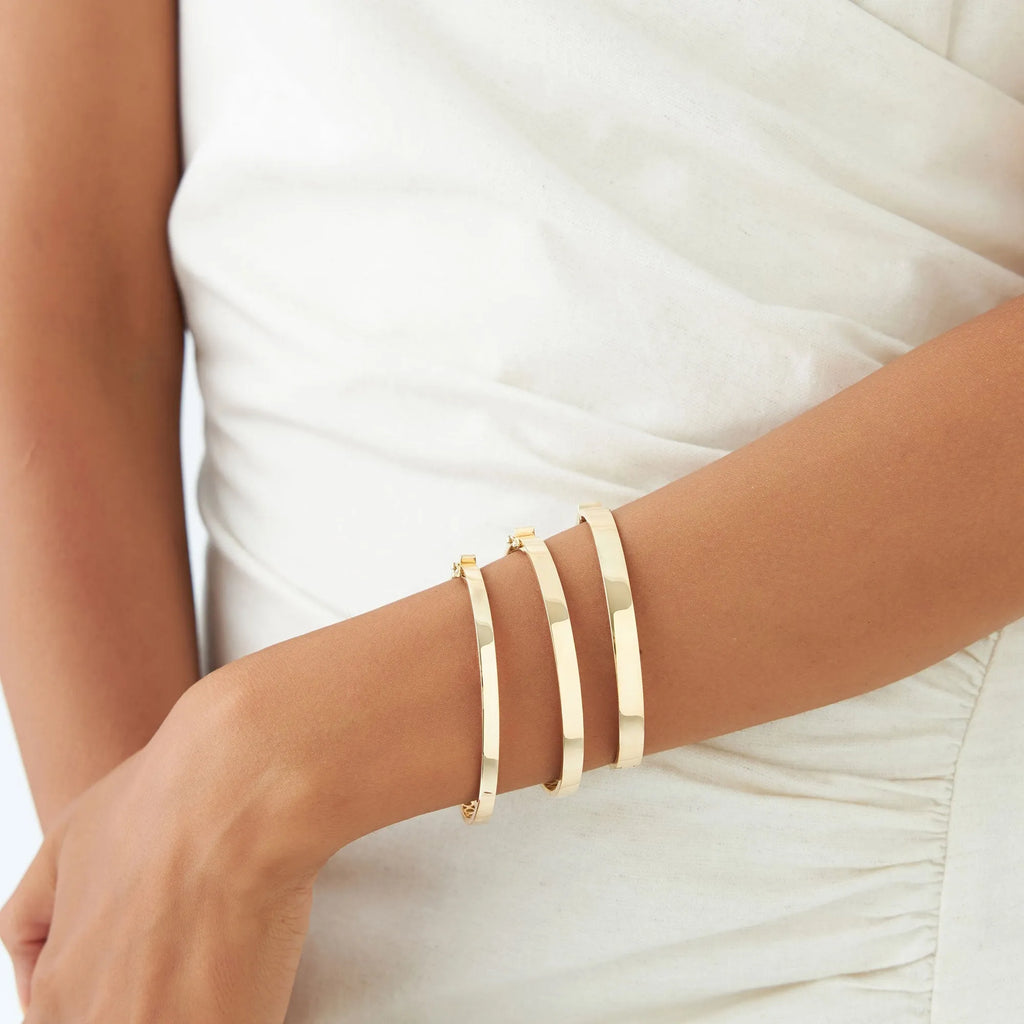 14K Solid Gold Flat Stackable Bangle Bracelet with Box Lock Closure