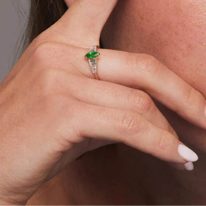 14K Solid Gold Marquise Emerald and Baguette Diamond Ring 0.75 CTW