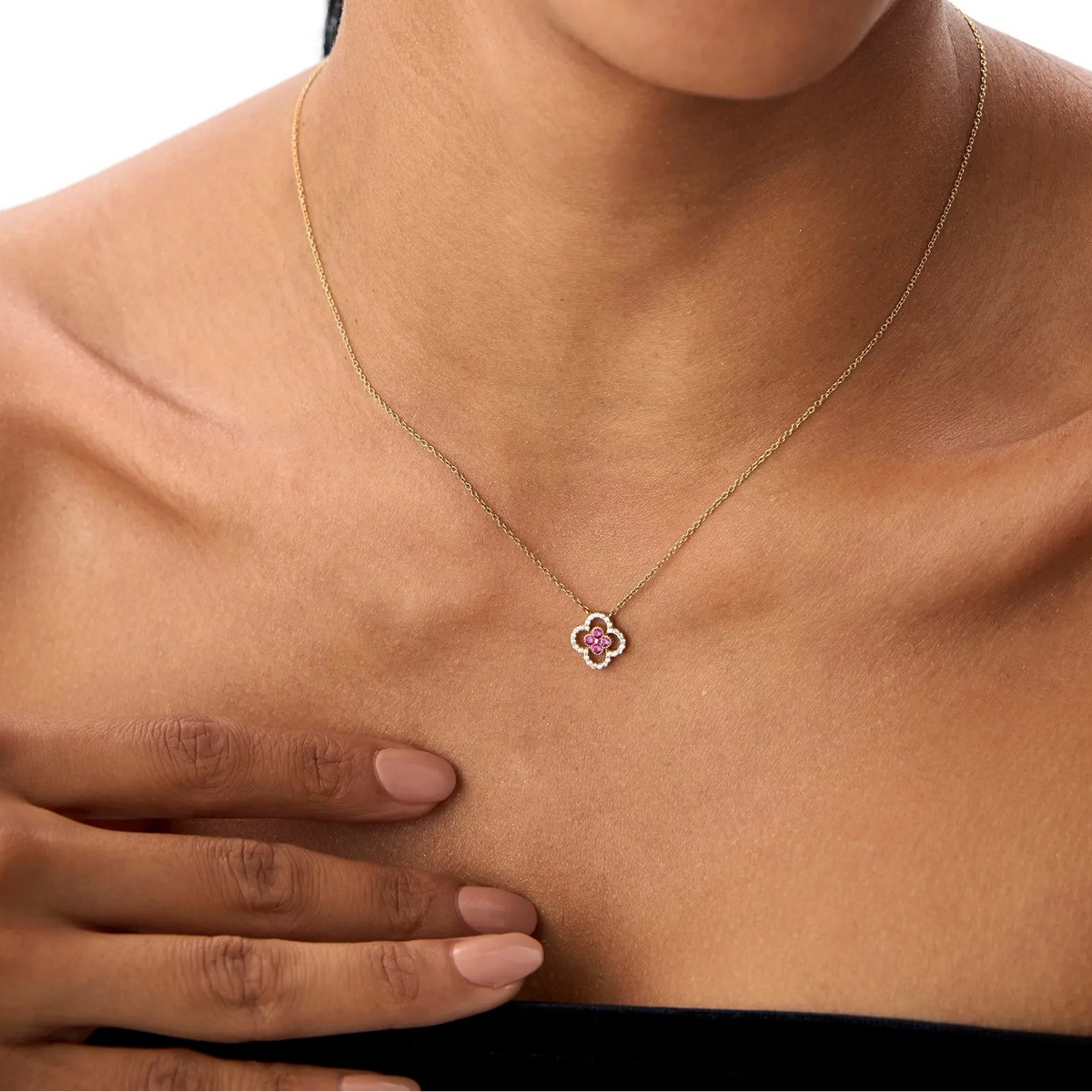 14k Solid Gold Ruby and Diamond Round Clover Halo Necklace 0.24 Carat